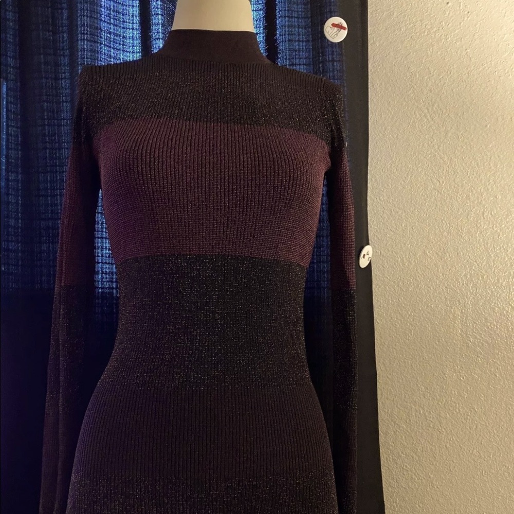 White House Black Market Woman’s Black Purple Sparkle High Neck Sweater Dress